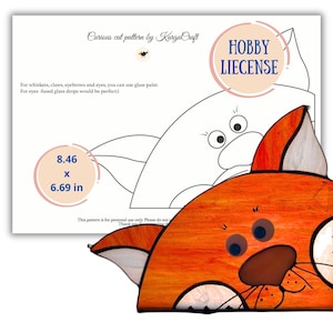 May include: A stained glass cat pattern with the text "Curious cat pattern by KargaCraft" and "HOBBY LIECENSE". The pattern dimensions are 8.46 x 6.69 inches. The cat is orange with blue eyes and a brown nose. The pattern is for personal use only.
