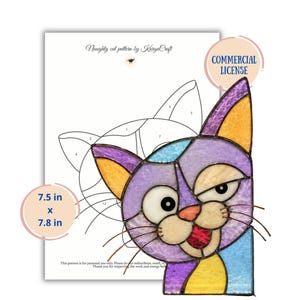 May include: A stained glass cat suncatcher featuring purple, yellow, and blue textured glass pieces with dark lead lines, displayed alongside a printed paper pattern labeled Naughty cat pattern by KargaCraft, measuring 7.5 in x 7.8 in.
