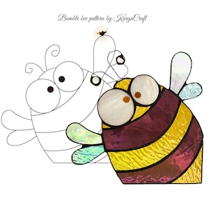 May include: A stained glass bumble bee with yellow and purple stripes, large white eyes, and iridescent wings, displayed alongside a black and white line art pattern labeled Bumble bee pattern by KargaCraft at the top of the image.