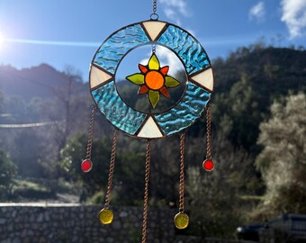 Handcrafted Stained Glass Sun Catcher: Sun & Sky Window Hanging
