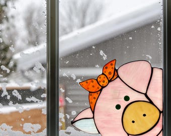 Stained Glass Pig Suncatcher, Farm Animal Window Decor, Pig lover gift