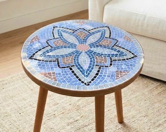 Handcrafted Small Wooden Round Table with Colorful Mosaic Top
