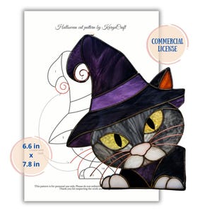 May include: A stained glass pattern for a cat wearing a witch hat, featuring text that reads Halloween cat pattern by KargaCraft, Commercial License, and 6.6 in x 7.8 in. The design includes numbered sections for assembly and copper wire details.