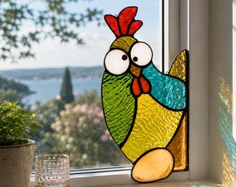 Glas-in-lood kip met ei als raamdecoratie, kleurrijke landelijke decoratie, rustiek cadeau