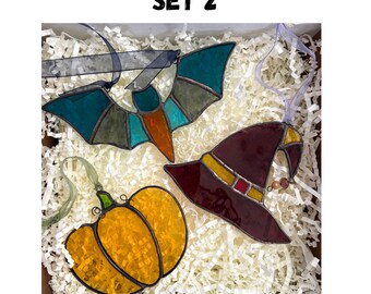 Halloween Stained Glass Ornaments, Customise your set of 3 Bat, Ghost, Witch hat, Pumpkin)