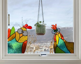 Stained Glass Hen and Rooster Suncatcher: Farmhouse Window Decor