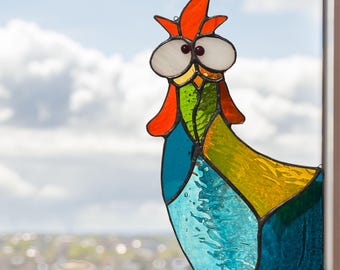 Stained Glass Chicken suncatcher, Cock window ornament, Colorful Rooster, Chicken Lover Gift