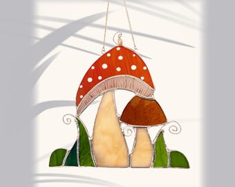 Handmade Stained Glass Magic Mushroom Suncatcher, Fungal Art Window Decor