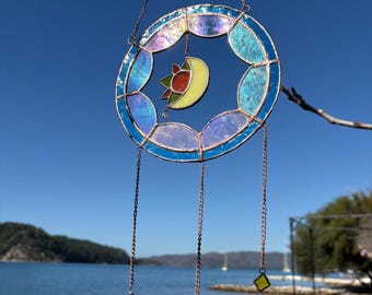 Iridescent Stained Glass Sun and Moon Suncatcher, Window Hanging Art