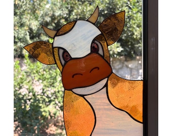 Handmade Milka Cow Suncatcher – Stained Glass Window animal Art for Cow Lovers