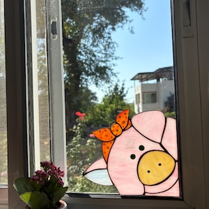 Stained Glass Pig Suncatcher: Funny Farm Animal Window Decor