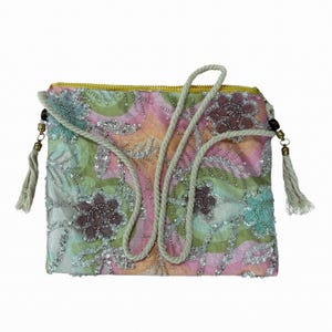 Vintage-inspirierte Pailletten Umhängetasche mit Seil Strap, Abendtasche, bestickte Tasche, Paillettentasche, Einkaufstasche