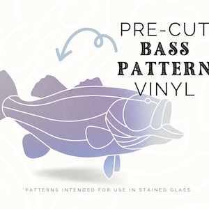 May include: Pre-cut bass pattern vinyl for stained glass projects. The pattern is a line drawing of a bass fish with a gradient of blue and purple colors.
