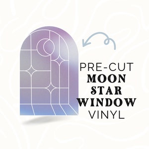 May include: Pre-cut moon and star window vinyl decal. The decal features a purple and blue ombre arched window with a moon and stars inside.