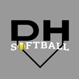May include: A grey graphic featuring the black letters "DH" above the white word "SOFTBALL". A yellow softball with red stitching is positioned near the "S". A black home plate shape is below the text.