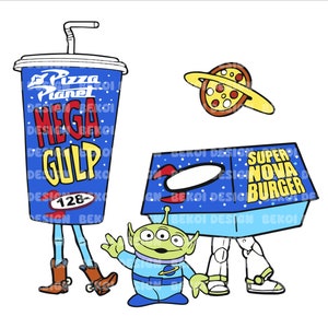 Può includere: Un'illustrazione di cartone animato blu e gialla di un grande bicchiere di soda con le parole "Pizza Planet Mega Gulp 128" su di esso, una scatola blu e gialla con le parole "Super Nova Burger" su di essa, un alieno verde con tre occhi e una pizza con un anello giallo intorno.