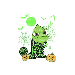 May include: A cartoon chameleon in a skeleton costume, with two jack-o'-lanterns, bats, and a spiderweb. The chameleon is green with a black and green skeleton design. The background is white with green accents, perfect for Halloween.