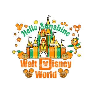 Pode incluir: Uma ilustração colorida do Castelo da Cinderela com o texto "Hello Sunshine" acima e "Walt Disney World" abaixo. A imagem apresenta frutas cítricas laranja, flores e orelhas do Mickey Mouse.