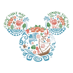 Peut inclure: Un graphisme color&eacute; en forme d'oreilles de Mickey Mouse, mettant en sc&egrave;ne des personnages et des &eacute;l&eacute;ments du film "Vaiana". Le design comprend les phrases "Come What May" et "I Know the Way", ainsi que des images d'un bateau, de vagues et de fleurs tropicales.