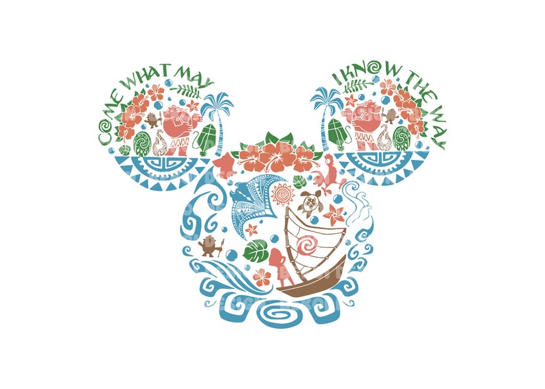 Peut inclure: Un graphisme color&eacute; en forme d'oreilles de Mickey Mouse, mettant en sc&egrave;ne des personnages et des &eacute;l&eacute;ments du film "Vaiana". Le design comprend les phrases "Come What May" et "I Know the Way", ainsi que des images d'un bateau, de vagues et de fleurs tropicales.