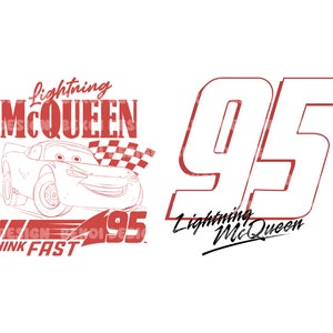 Może przedstawiać: Czerwono-biała ilustracja kreskówkowego samochodu wyścigowego z tekstem "Lightning McQueen" i "Think Fast" na białym tle.
