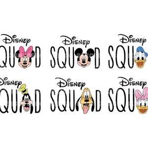 Pode incluir: Seis designs diferentes de personagens Disney com o texto "Disney Squad" abaixo de cada personagem. Os personagens são Mickey Mouse, Minnie Mouse, Donald Duck, Pateta, Pluto e Daisy Duck.