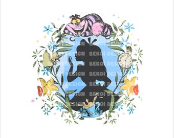May include: A graphic illustration featuring a black silhouette of a girl in a dress surrounded by a floral wreath. The design includes a smiling purple striped cat, a pocket watch, a blue teacup, and yellow flowers on a light blue background.