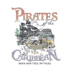 May include: A vintage-style illustration of a pirate ship with a skull and crossbones flag, a barrel, and a treasure chest. The text "Pirates of the Caribbean" is written in a stylised font, with the tagline "Dead Men Tell No Tales" below. The image has a distressed, faded look.