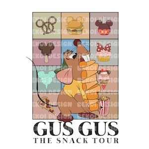 Puede incluir: Un ratón de dibujos animados llamado Gus Gus sostiene una pila de pretzels con forma de Mickey Mouse y un cubo de palomitas de maíz a rayas rojas y blancas. Está rodeado de una cuadrícula de cuadrados coloridos, cada uno con un bocadillo de temática Disney diferente, incluyendo un pretzel, una hamburguesa, una piruleta con forma de Mickey Mouse, una barrita de helado con forma de Mickey Mouse, un cupcake, algodón de azúcar y un cono de helado. El texto "Gus Gus The Snack Tour" está debajo de la imagen.