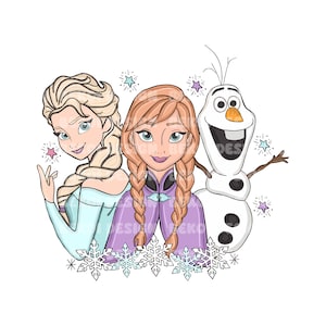 May include: A cartoon illustration of Elsa and Anna from Frozen, with Olaf the snowman. Elsa is wearing a light blue dress with a white trim. Anna is wearing a purple dress with a white trim. Olaf is wearing a white and black snowman costume. The characters are surrounded by snowflakes and stars.