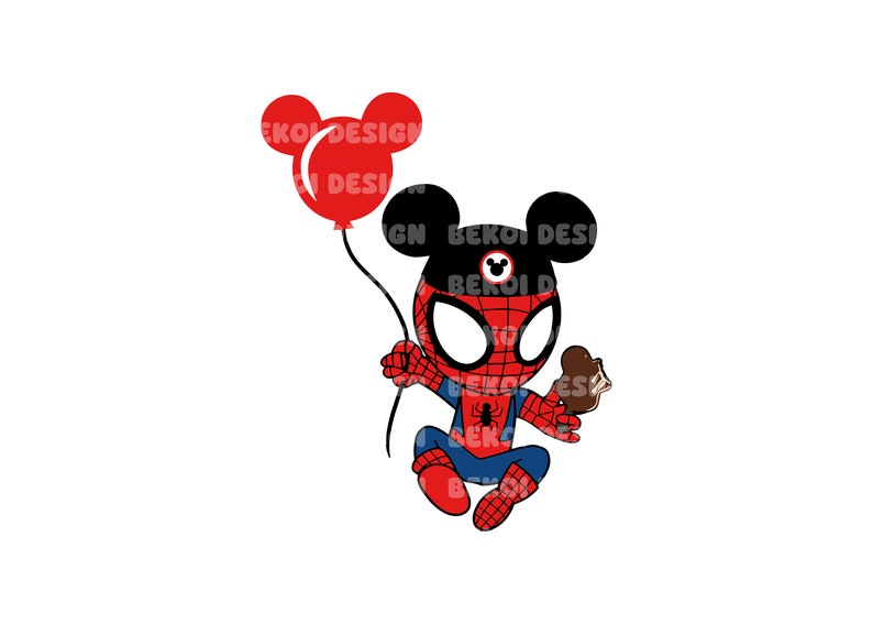Pu&ograve; includere: Un'illustrazione di cartone animato di Spider-Man che indossa un cappello nero di Topolino e tiene un palloncino rosso. Indossa un costume rosso e blu con un logo di ragno sul petto. Tiene un cono gelato al cioccolato nella mano destra.