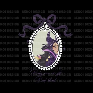 Peut inclure: Une image de dessin anim&eacute; de Mal&eacute;fique de La Belle au bois dormant de Disney, en violet et noir, tenant un corbeau dans un cadre ovale blanc avec une bordure de perles. Le texte "Baby, now we got bad blood" est sous le cadre.