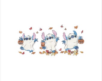 May include: Illustration of three blue and white cartoon characters dressed as ghosts, each holding a jack-o'-lantern. They are surrounded by autumn leaves in shades of orange, red, and brown. The image has a Halloween theme.