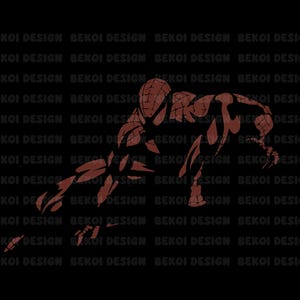 Könnte beinhalten: Eine dunkelrote grafische Illustration eines Superhelden in hockender Position vor schwarzem Hintergrund. Das Design zeigt ein netzartiges Muster auf der Figur und den wiederholten Text BEKOI DESIGN, der über das gesamte Bild gelegt ist.