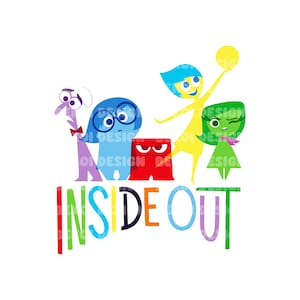 May include: Five colourful cartoon characters from the film Inside Out, standing in front of the word "Inside Out" in rainbow colours. The characters are Joy, Sadness, Fear, Anger, and Disgust.