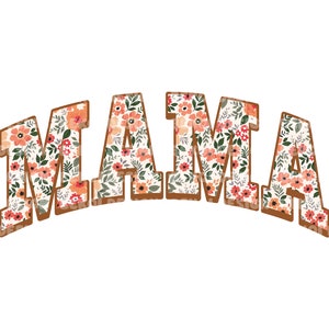 Pode incluir: A palavra "MAMA" em letras maiúsculas marrons com um padrão floral dentro de cada letra.