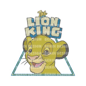 May include: A yellow triangle with a blue outline contains a cartoon image of Simba from The Lion King. The text "The Lion King" is above the triangle in blue and yellow letters.