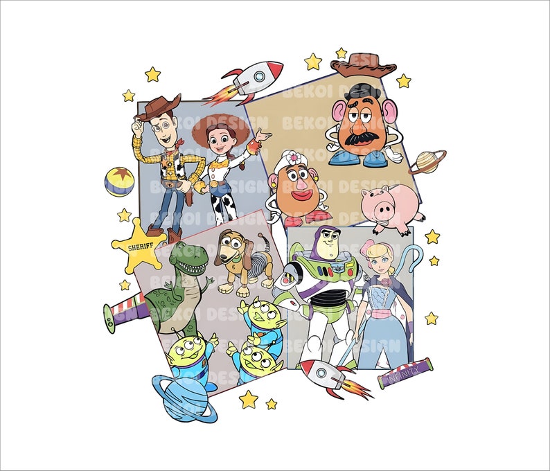 May include: A colorful illustration featuring characters from the Toy Story franchise. The characters include Woody, Buzz Lightyear, Jessie, Mr. and Mrs. Potato Head, Rex, Slinky Dog, and the three-eyed aliens. The illustration is set against a background of stars and rockets.