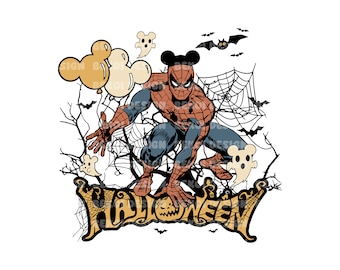 May include: A red and blue Spiderman character with Mickey Mouse ears is swinging through a web with a Halloween themed background. The background includes bats, ghosts, and a pumpkin. The text "HALLOWEEN" is written in a stylized font.