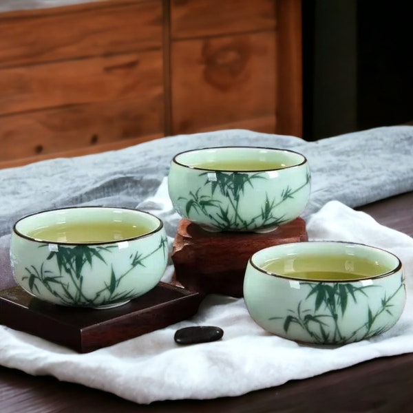 Traditional Celadon 80ml Tea Master Cup - Hand-Painted Landscape Ceramic Teacup Set with Lotus, Bamboo & Carp Designs