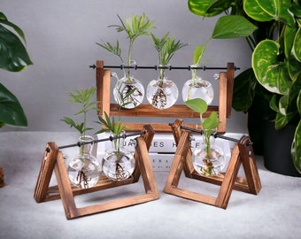 Glass Terrarium with Wooden Frame - Vintage Hydroponic Plant Vases for Bonsai & Flower Pot, Tabletop Home Decor