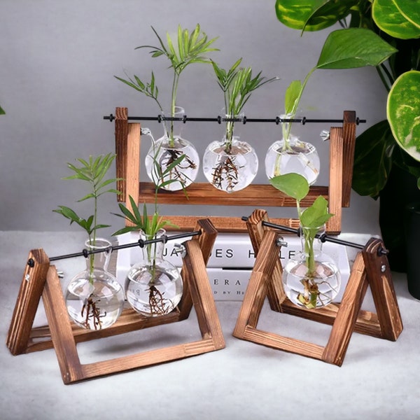 Glass Terrarium with Wooden Frame - Vintage Hydroponic Plant Vases for Bonsai & Flower Pot, Tabletop Home Decor