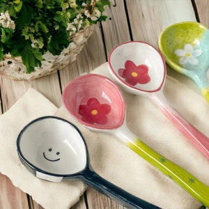 Cute Ceramic Flower Soup Spoon - Kawaii Korean Hand Painted Dessert Spoon with Long Handle, Kitchen Tableware Accessory