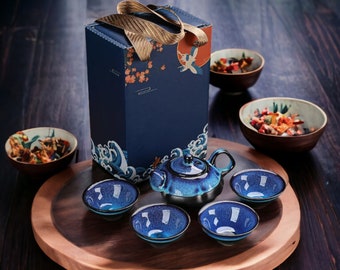 Jun Kiln Keramiek Theeservies - Theepot en Kopset Alluviale Gouden Chinese Theewaar Collectie