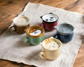 Tazza da caffè con piattino in ceramica giapponese Shiba Inu - Tazza da latte e tè in rilievo con animali dei cartoni animati