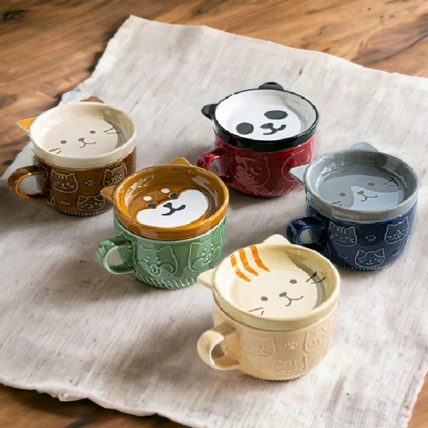 Japanese Shiba Inu Ceramic Coffee Cup and Saucer - Cartoon Animal Embossed Milk and Tea Cup