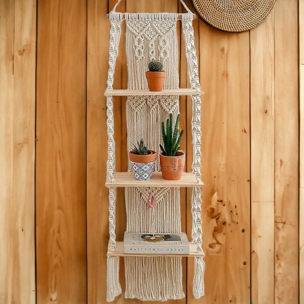 Macrame Tapestry with Wooden Shelf - Handwoven Tassel Wall Hanging for Boho Decor