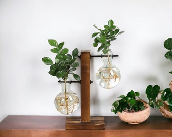 Vintage Terrarium with Wooden Frame - Transparent Hydroponic Plant Vases for Tabletop Bonsai & Home Decor