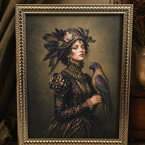 Victorian Fantasy Girl Art Print in gold Frame | Soft Gothic Wall Decor | dark Academia Cottagecore