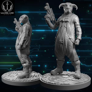 May include: Two gray alien figures, each holding a futuristic weapon, stand on circular platforms. The figures wear detailed space suits with helmets and boots. The Wardlode Studio logo is in the upper left corner.
